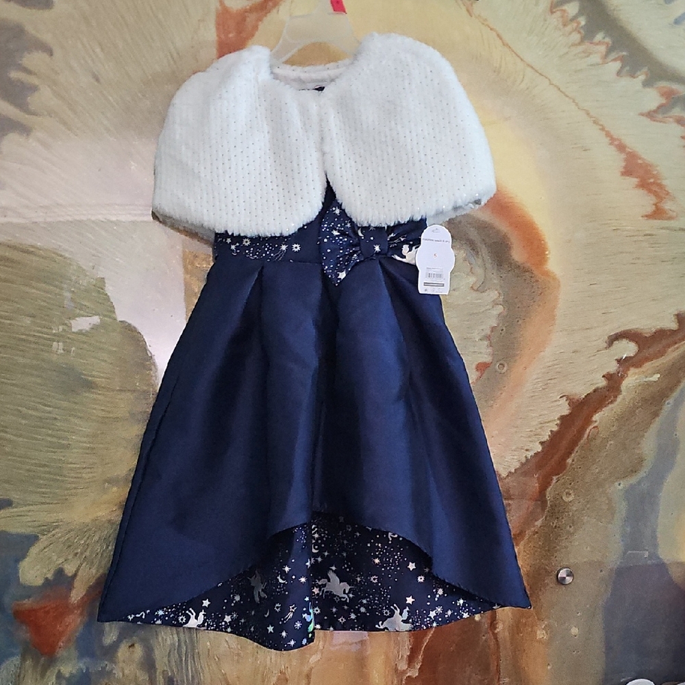 NWTS Navy Christmas Holiday Party Dress White Fur Cape Unicorn Pegasus Sz 5 NEW